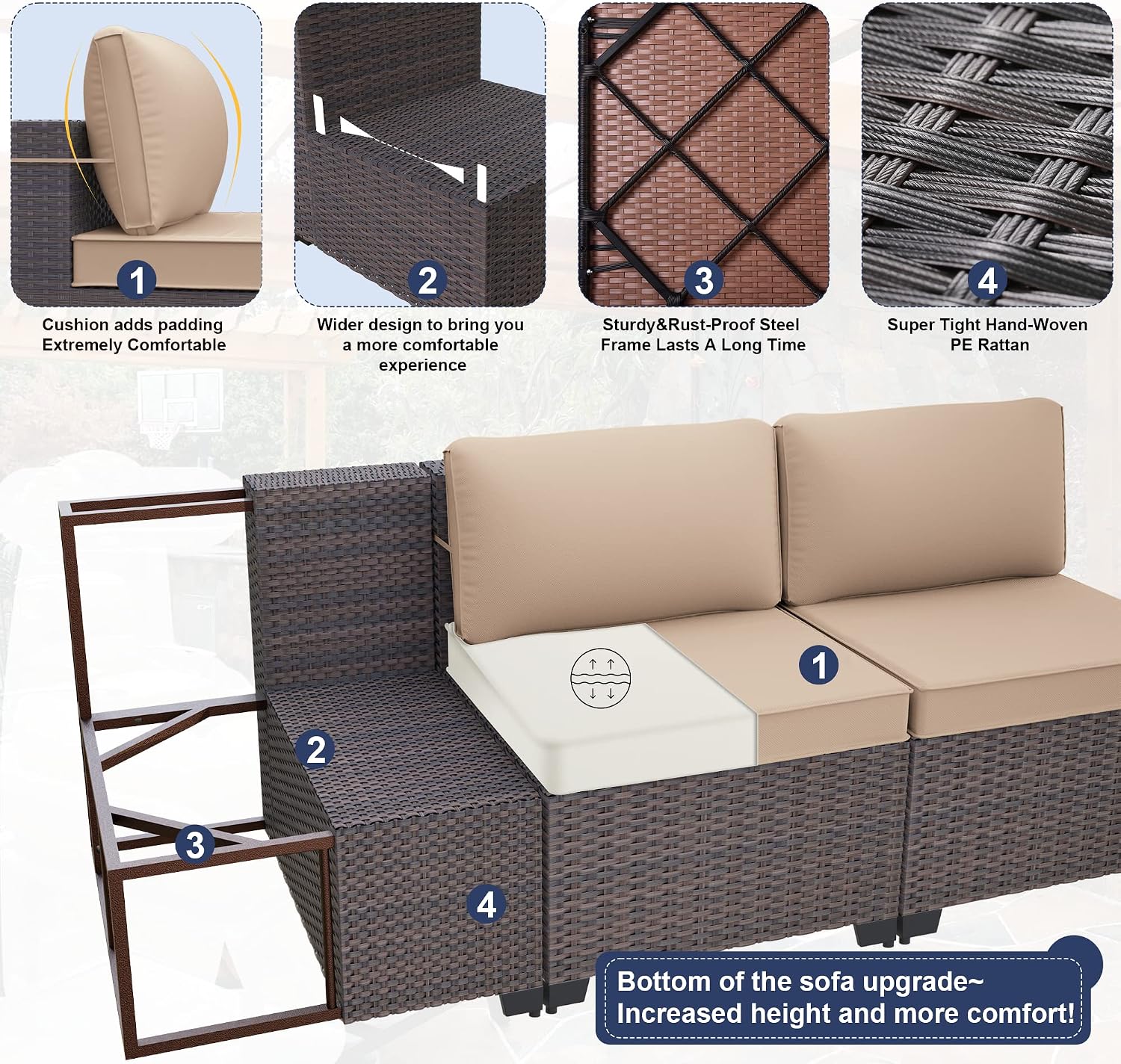 Kurapika 11 Pieces Patio Furniture Set, Rattan Wicker Outdoor Conversation Sets w/43in Propane Fire Pit Table and 4 Inch Cushion(Sand)