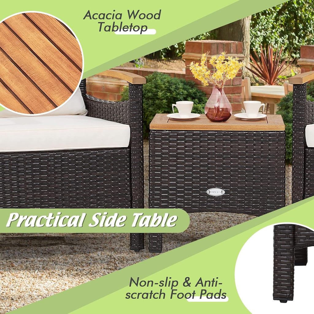 Tangkula 3-Piece Patio Furniture Set, Patiojoy Outdoor Rattan Sofa Set with Coffee Table, Patio Conversation Set with Removable Cushion, Cozy Acacia Wood Armrests for Backyard, Poolside (Off White)