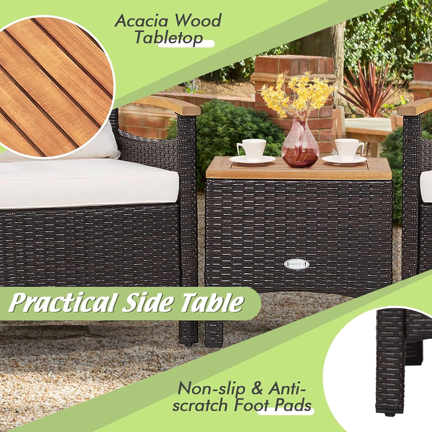 Tangkula 3-Piece Patio Furniture Set, Patiojoy Outdoor Rattan Sofa Set with Coffee Table, Patio Conversation Set with Removable Cushion, Cozy Acacia Wood Armrests for Backyard, Poolside (Off White)