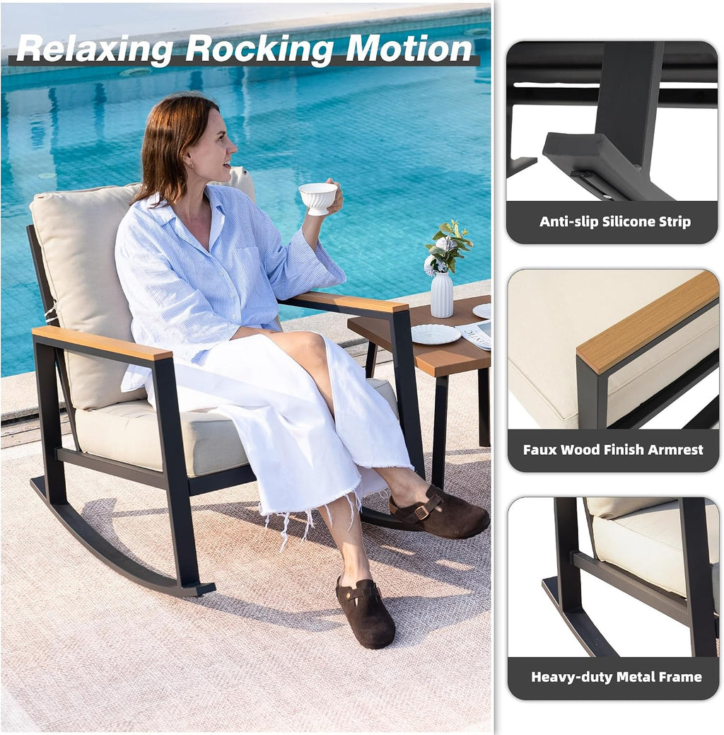 3 Pieces Rocking Bistro Set, Outdoor Patio Furniture Set with Thick Cushions and Coffee Table, Patio Conversation Sets for Garden, Balcony, Backyard, Beige