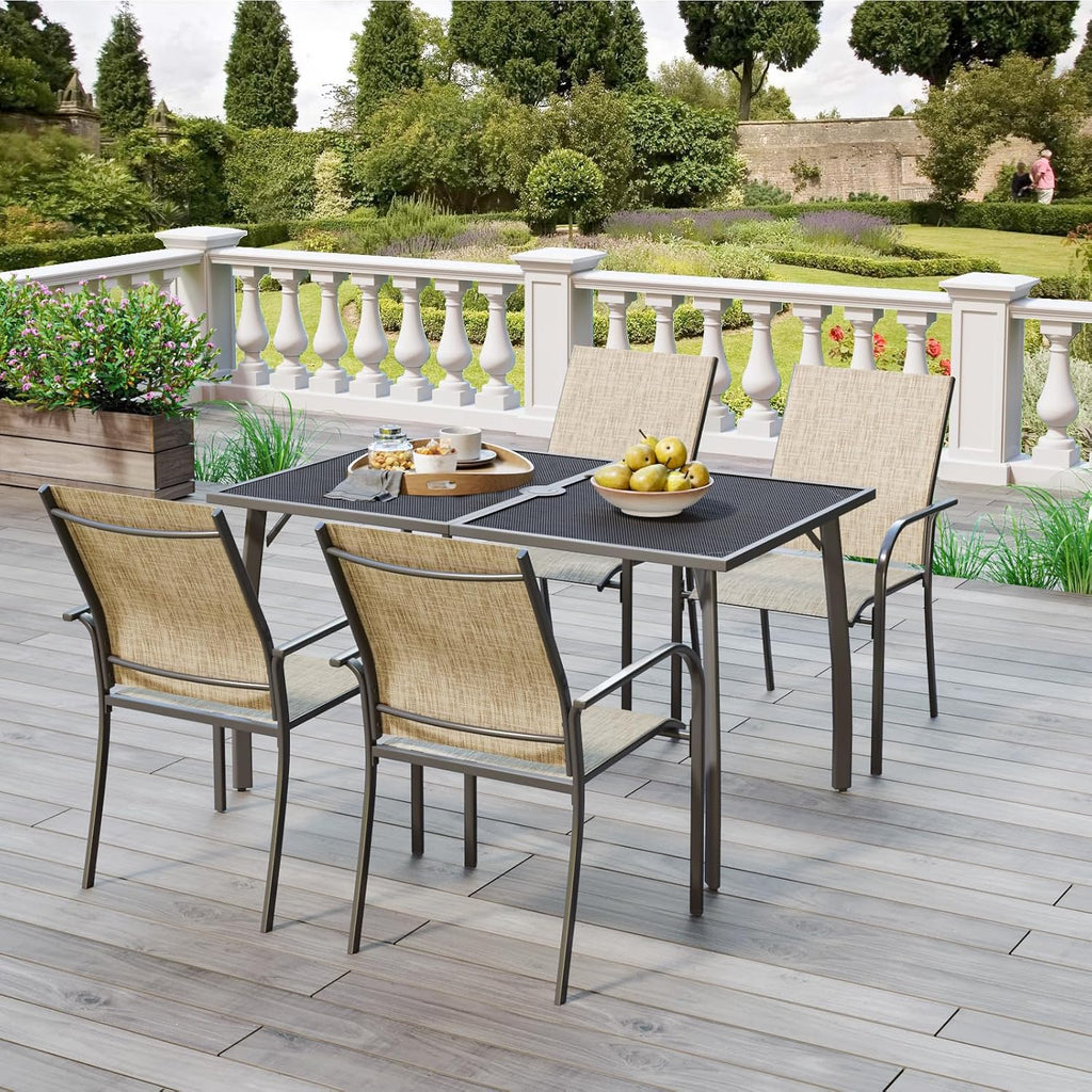 AECOJOY 5 Piece Patio Table and Chair Set for 4, Outdoor Dining Set Includes 51.2' Rectangle Table with 1.73' Umbrella Hole, 4 Stackable Textilene Chairs, for Garden, Backyard and Poolside, Dark Gray
