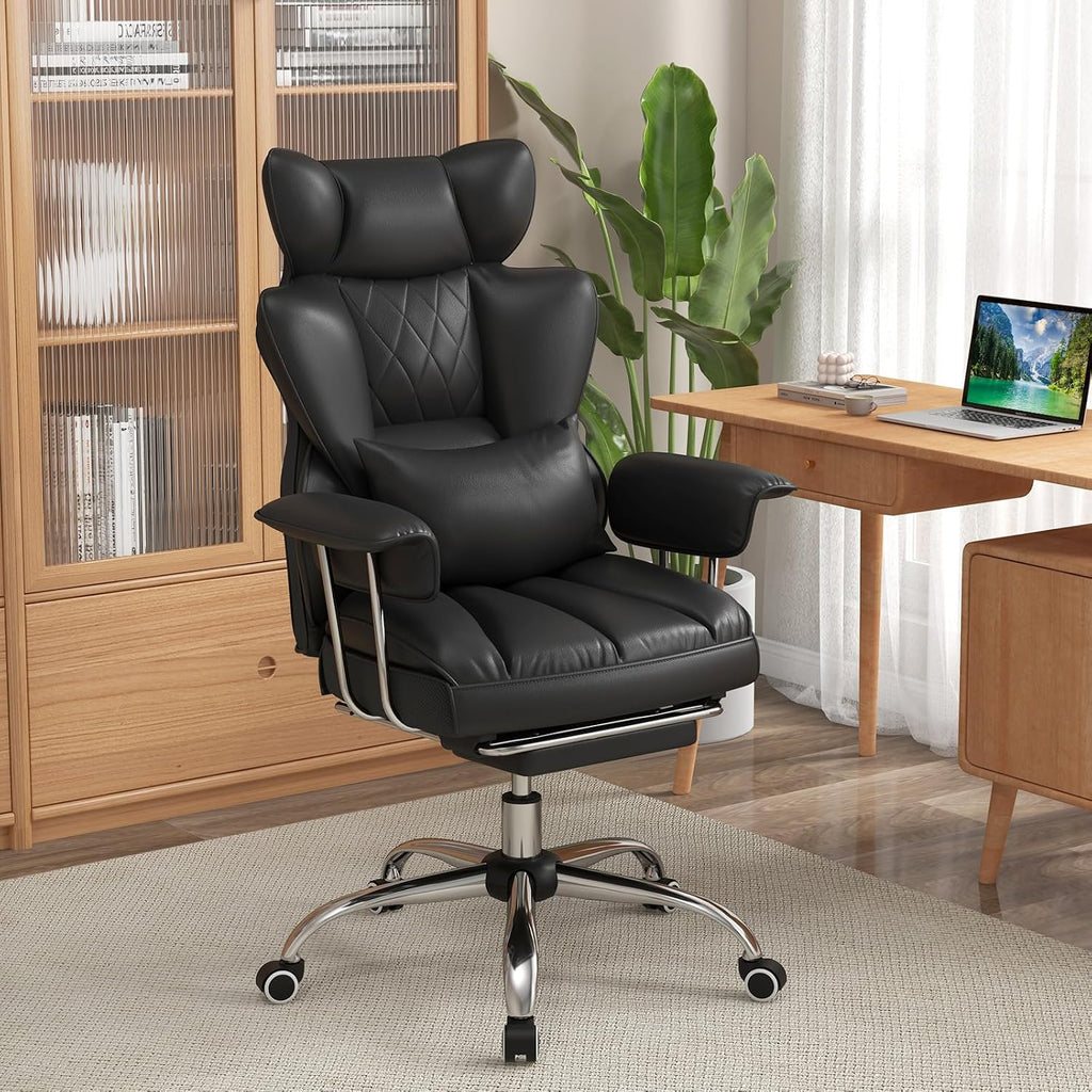 COSTWAY 400 LBS Big and Tall Office Chair, PU Leather Executive Desk Chair w/Retractable Footrest, Reclining Function, Lumbar Support, Ergonomic High Back Home Computer Task Chair (Black)