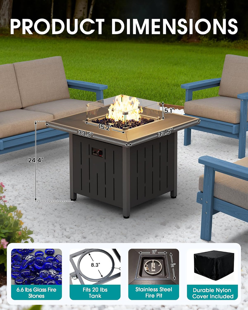SERWALL Patio Furniture Set with 33' Fire Pit Table, HDPE Outdoor Sectional Sofa Set with Thickened Cushions, Grey Frame with Khaki Cushions