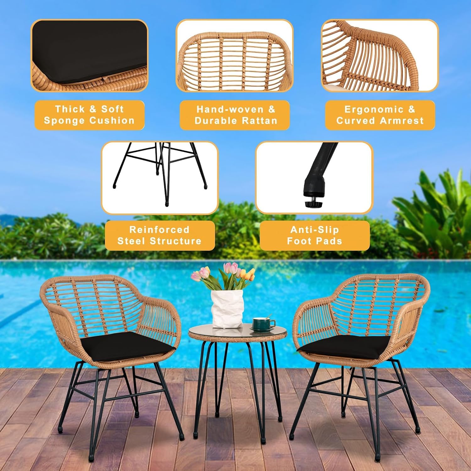 3 Piece Outdoor Wicker Furniture Bistro Set, Rattan Chairs Conversation Sets Wicker Patio Furniture for Balcony Poolside Backyard, Black