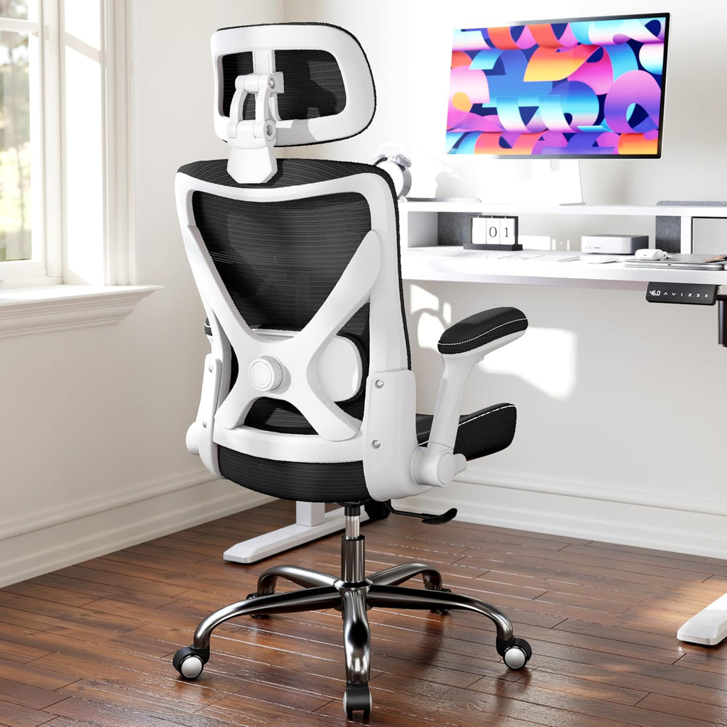Ergalithic Office Home Ergonomic Desk Chair-Computer X-Shaped Chair Mesh PU Leather with Adjustable Lumbar Support-Executive Chair High Back with Headrest Flip-Up Arms for Long Hours (Light Black)