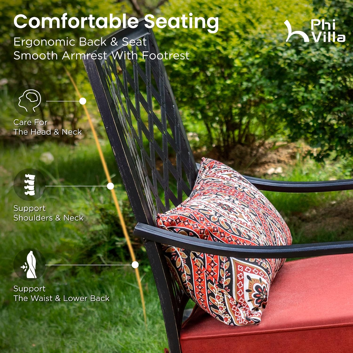 PHI VILLA 3 Piece Outdoor Bar Furniture Set, Counter-Height Patio Bistro Table & Swivel Bar Stools Chairs with Red Cushion for Garden, Backyard, Deck