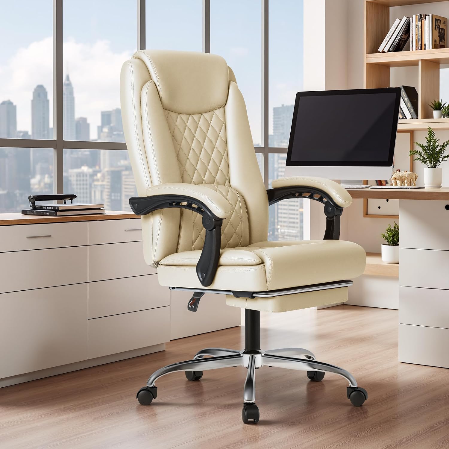Furmax Office Chair with Footrest Ergonomic High Back Design Executive Computer Desk Chair400lbs, 90-135° Reclining Leather Home Office Desk Chairs Swivel Task Chairs with Wheels (Beige)