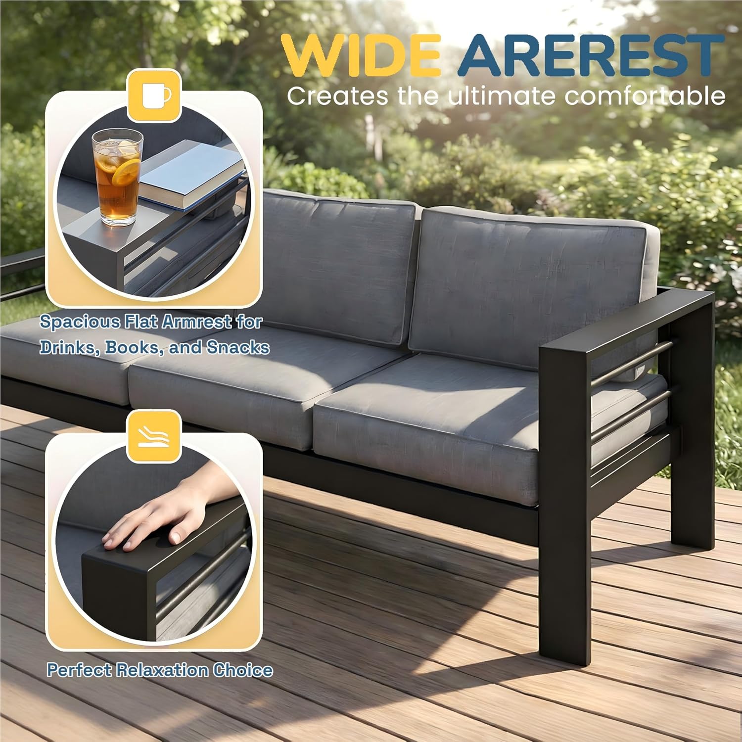 Solaste Aluminum Patio Furniture Set for All Weather, Oversized Metal Outdoor Furniture with 27.5' Deep Seating and 3.2' Wide Armrest, Patio Conversation Set with 10'' Back Cushion, Black and Grey