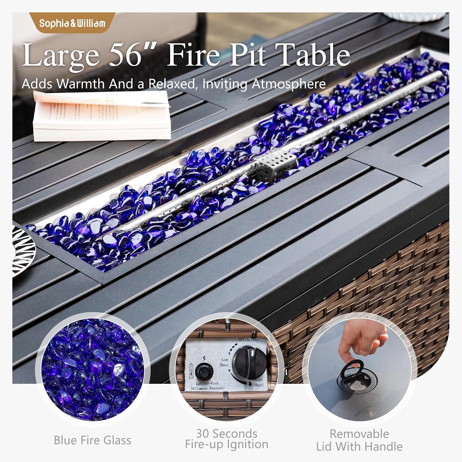 Sophia & William Patio Furniture Set with 56' Fire Pit Table, 9 Seats Metal Frame Outdoor Conversation Sets Wicker Patio Sectional Sofa Set with Ottomans for Porch, Deck, Poolside, Blue