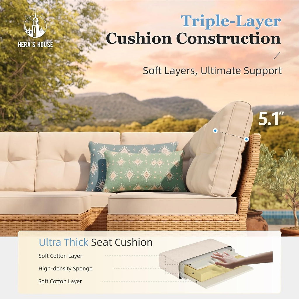 HERA'S HOUSE Small Patio Furniture Set, 6 Piece Wicker Outdoor Patio Conversation Set, Outside L-Shaped Sectional Sofa Couch with Chaise Lounge and 2 Ottomans for Porch Balcony Deck