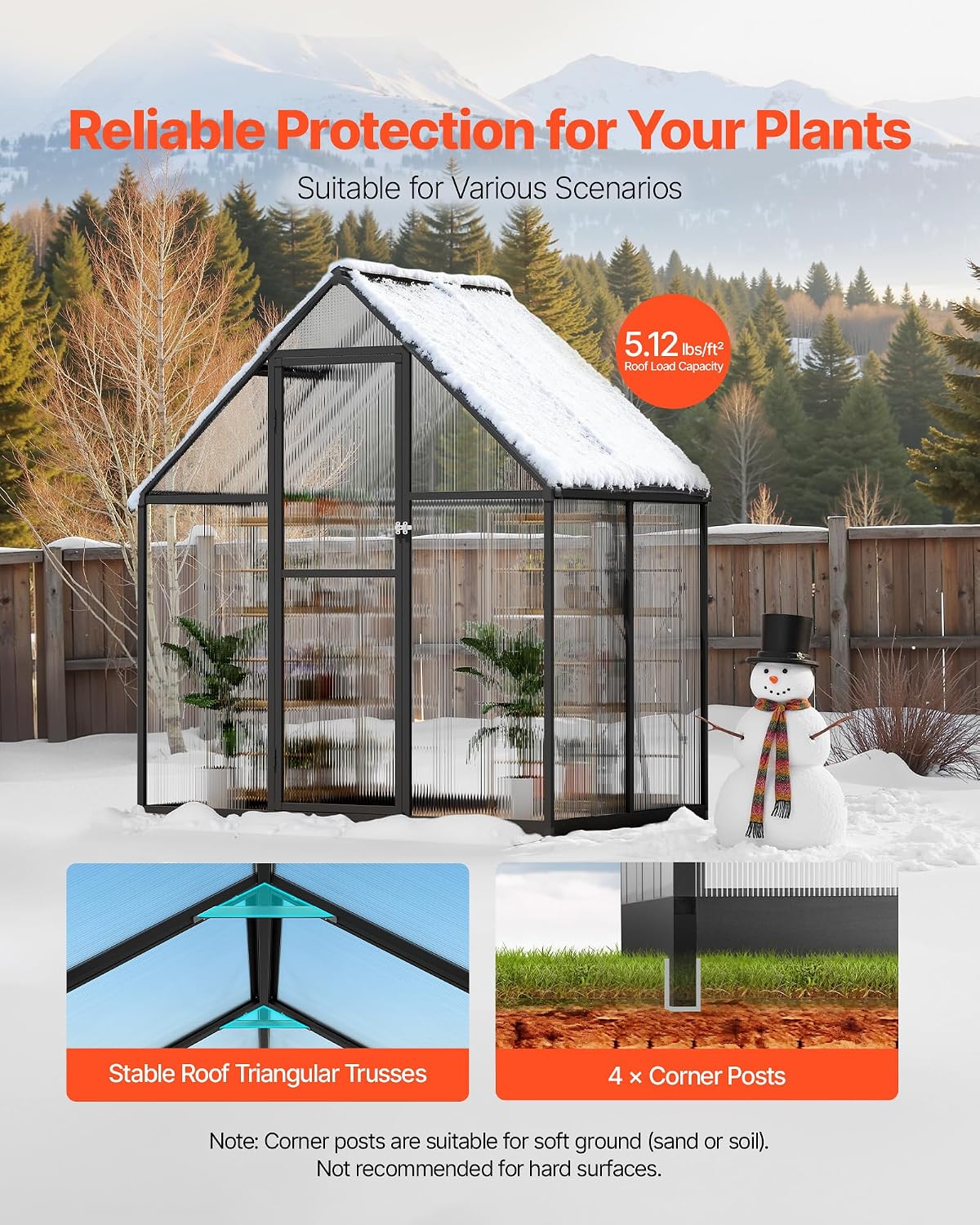 VEVOR 6 x 4 FT Polycarbonate Greenhouse, Heavy Duty Outdoor Green House with Adjustable Vent & Push-Pull Lockable Door, Quick Setup, Aluminum Frame Walk-in Greenhouse Sunroom for Outside Garden Lawn