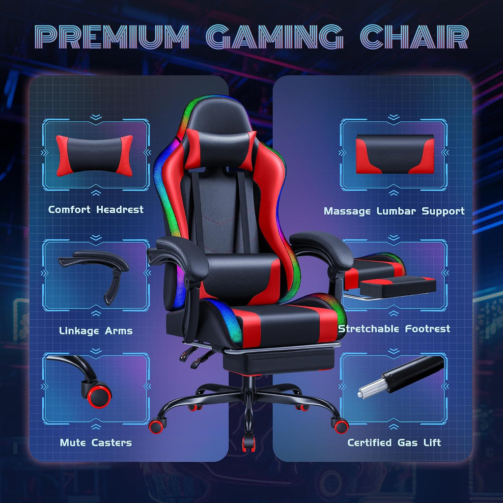 Furmax Gaming Chair with RGB LED Lights, Video Game Chair with Footrest and Massage Lumbar Support, High Back Reclining Computer Chair with Headrest, Swivel Seat Gamer Chair (LED Red)