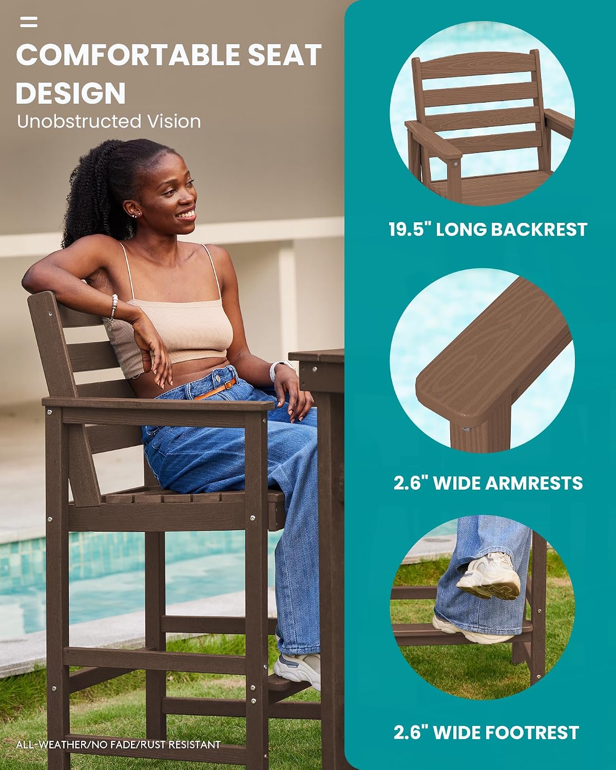 SERWALL Outdoor Bar Set - 2 Adirondack Bar Chairs & Bar Height Table with 1.6' Umbrella Hole, All-Weather HDPE Patio Furniture for Poolside, Backyard, Garden - Brown