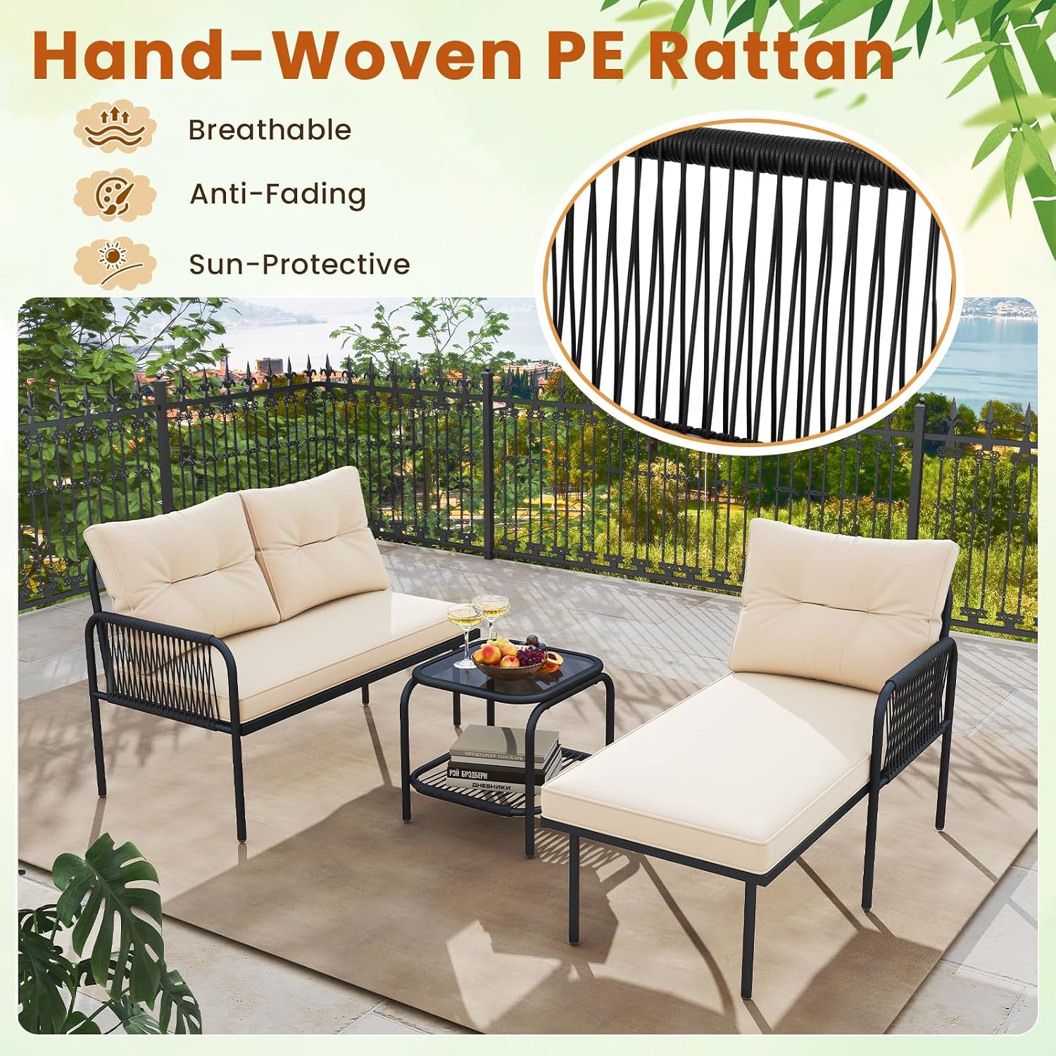 Tangkula 3-Piece L Shaped Patio Furniture Set, PE Rattan Sectional Sofas with Tempered Glass Table, Back and Seat Cushions, Outdoor Conversation Set for Porch, Backyard and Poolside