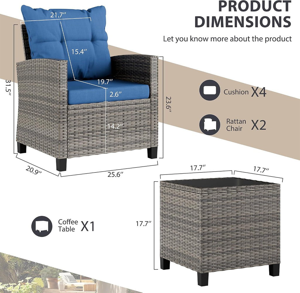 Vongrasig 3 Pieces Patio Furniture Set Small Outdoor Wicker Rattan Front Porch Bistro Set Cushioned Patio Chairs Conversation Set with Glass Table for Lawn, Garden, Backyard, Balcony, Blue