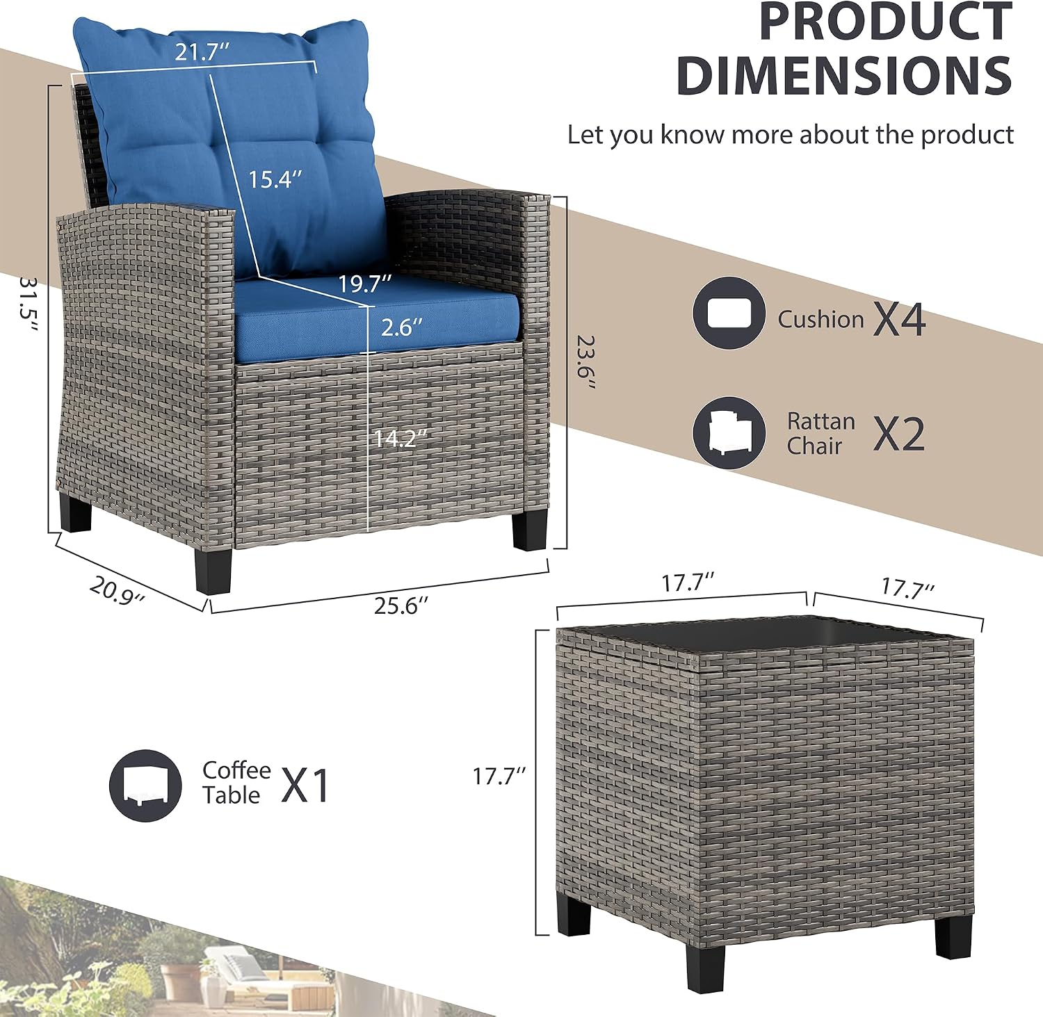 Vongrasig 3 Pieces Patio Furniture Set Small Outdoor Wicker Rattan Front Porch Bistro Set Cushioned Patio Chairs Conversation Set with Glass Table for Lawn, Garden, Backyard, Balcony, Blue
