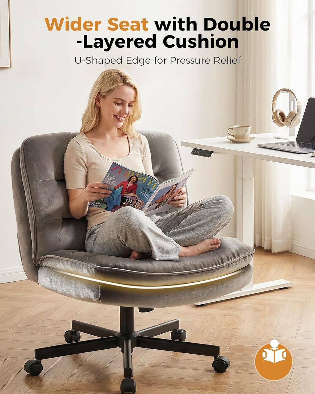 COMHOMA Cross Legged Office Chair with Wheels Armless-Office Desk Chair, Modern Vanity Computer Task Chairs for Home Bedroom, Comfortable Wide Seat for Lower Back Pain Relief, Soft Velvet, Gray