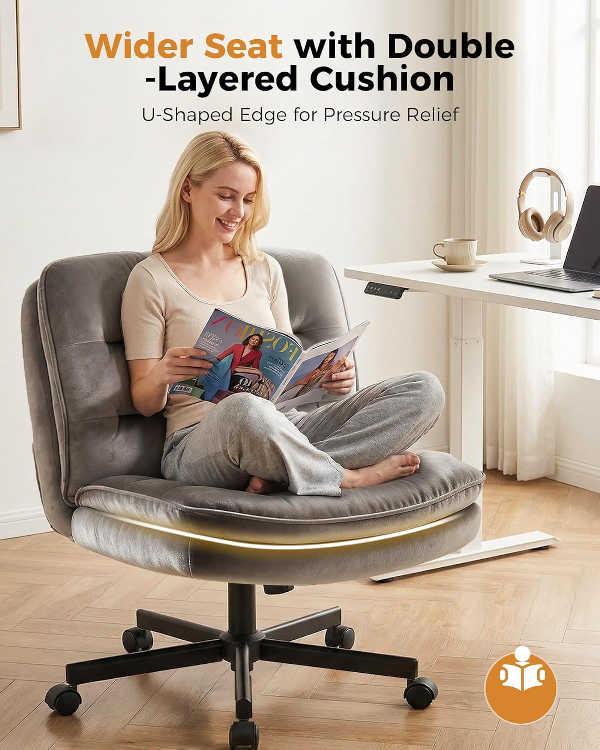 COMHOMA Cross Legged Office Chair with Wheels Armless-Office Desk Chair, Modern Vanity Computer Task Chairs for Home Bedroom, Comfortable Wide Seat for Lower Back Pain Relief, Soft Velvet, Gray