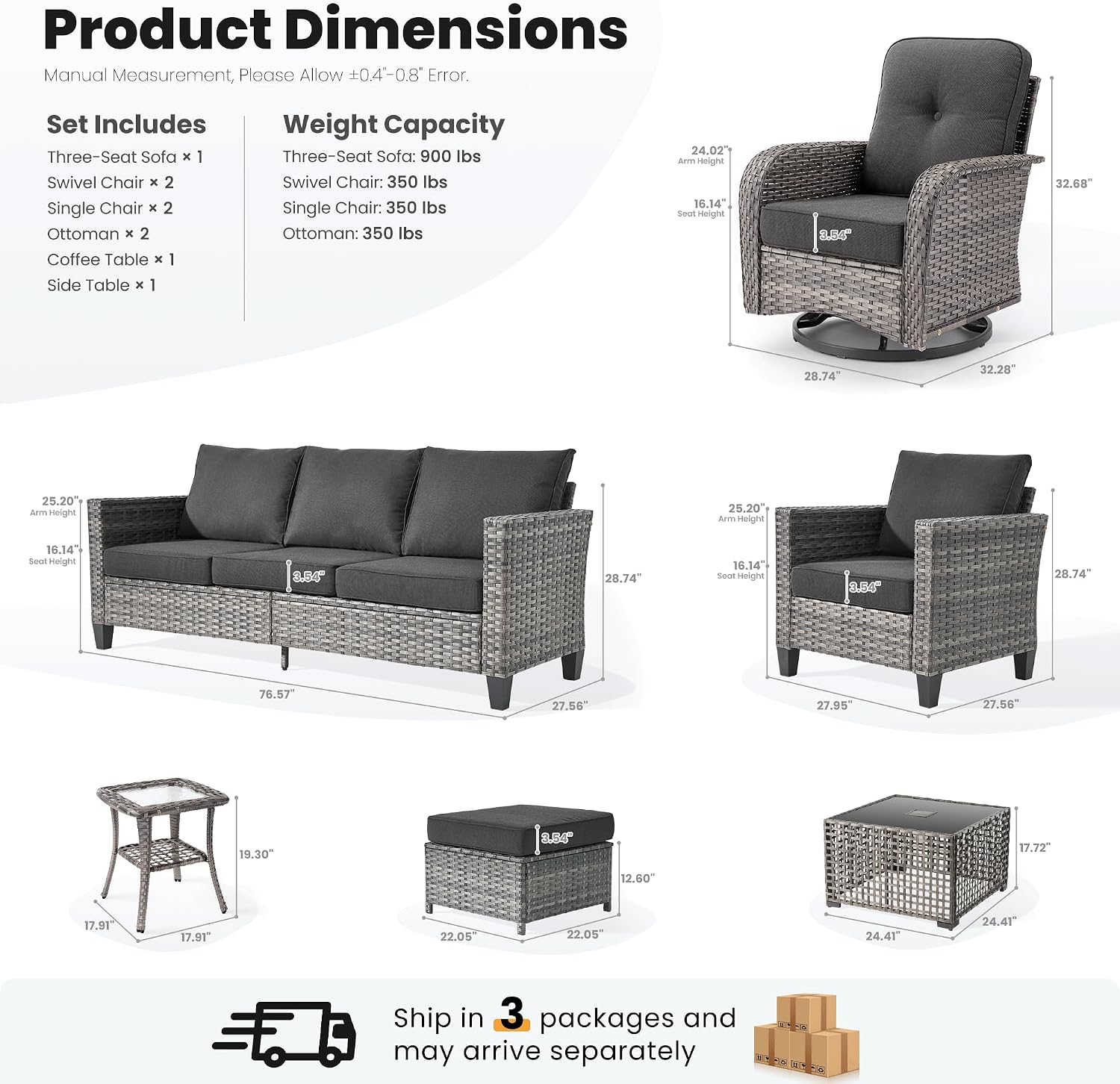 ovios 9 Pieces Patio Furniture Set, Outdoor Wicker Sofa Couch with Rocking Swivel Chairs Solar Lights Table, Modern Deep Seat Rattan Conversation Sets for Deck Porch, Black