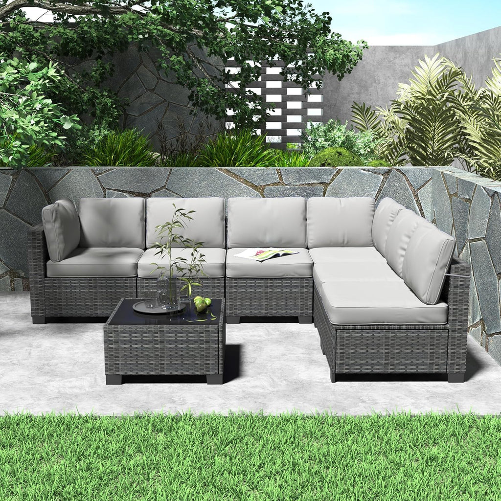Garvee 7 Pieces Outdoor Patio Furniture Set, Rattan Wicker Sofa Set with Soft Cushions and Coffee Table, All-Weather Outdoor Furniture for Garden, Porch, Poolside, Gray&Light Gray