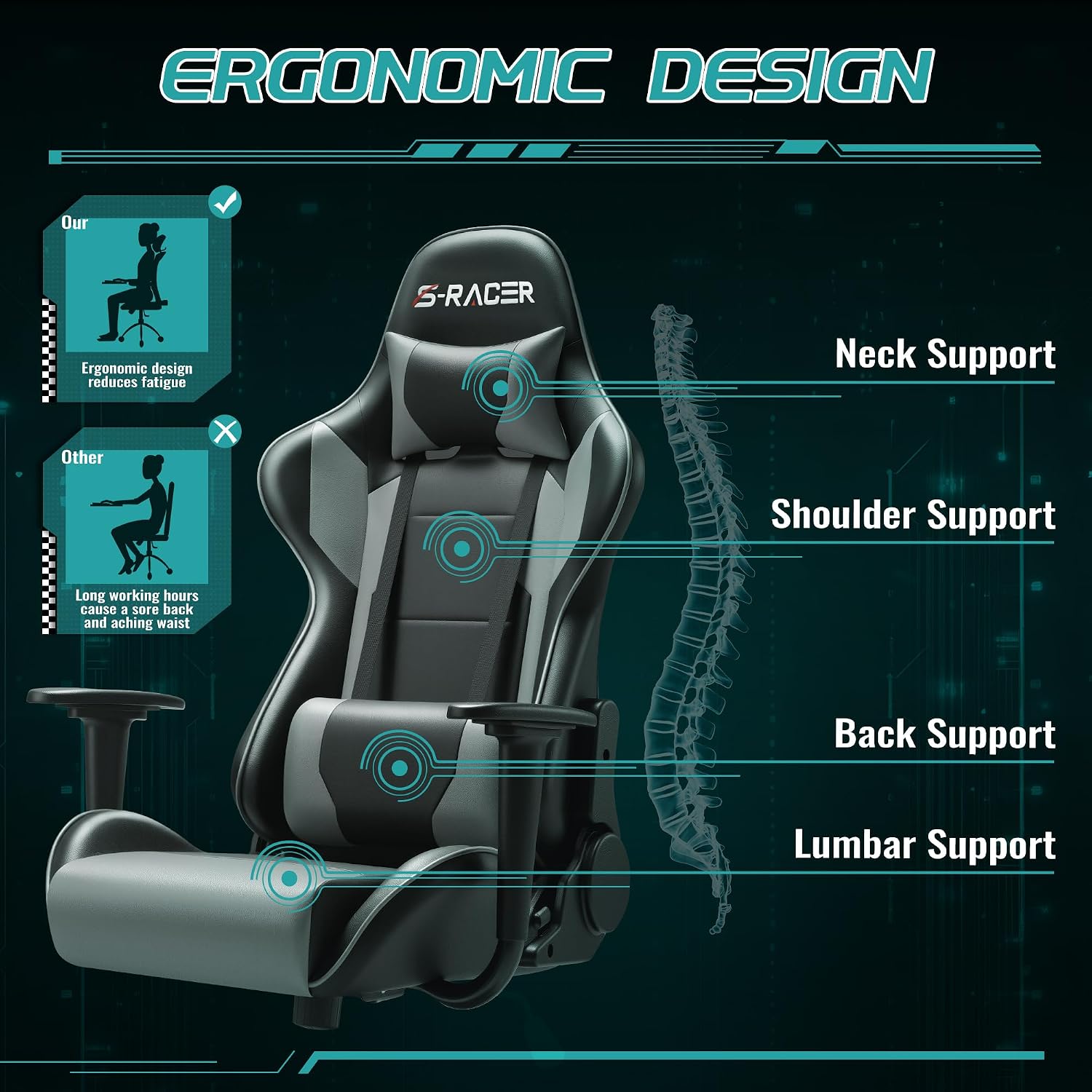 Furniwell Gaming Chair Racing Computer Chair Office Desk Chair Adjustable Swivel High Back Carbon Fiber Style Leather Executive Ergonomic Chair with Headrest and Lumbar Support (Grey)
