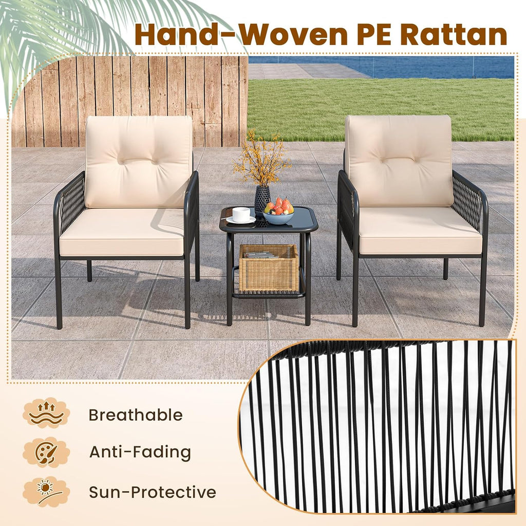 Tangkula 3 Pieces Patio Bistro Set, PE Rattan Furniture Set with Tempered Glass Table, Chairs, Back and Seat Cushions, Outdoor Wicker Conversation Set for Porch, Backyard, Garden and Poolside