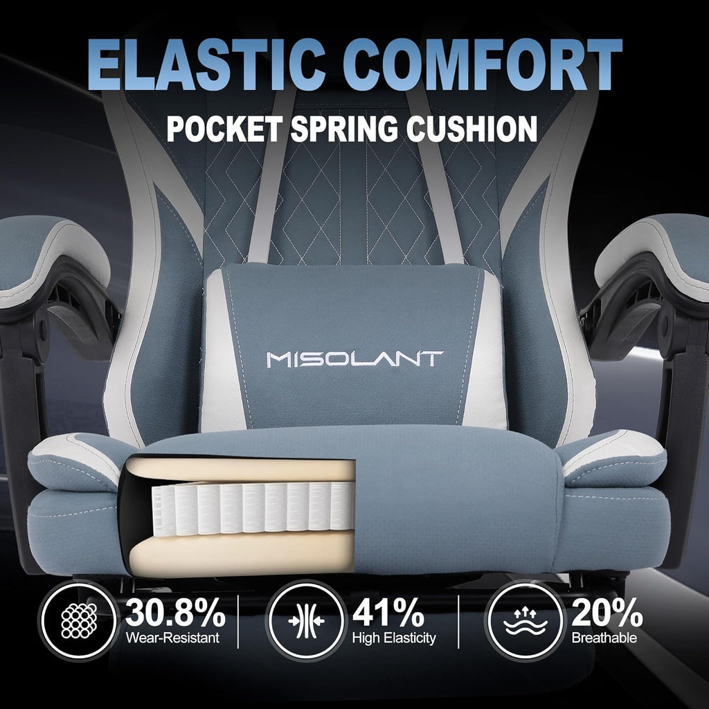 Misolant Gaming Chair, Fabric Gamer Chair with footrest for Adults, High Back Ergonomic Computer Game Chair with Adjustable Headrest and Massage Lumbar Support, 90-155° Recline Free, Blue