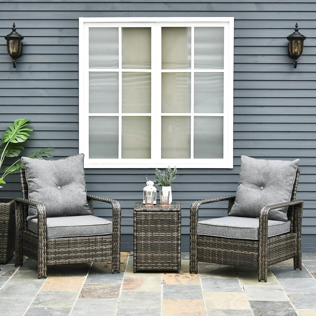 Outsunny 3 Piece Patio Furniture Set, PE Rattan Wicker Storage Table and Chairs w/Tufted Cushions for Outdoor Garden, Backyard, Poolside, Balcony, Gray