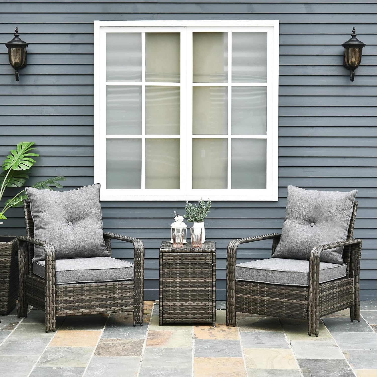 Outsunny 3 Piece Patio Furniture Set, PE Rattan Wicker Storage Table and Chairs w/Tufted Cushions for Outdoor Garden, Backyard, Poolside, Balcony, Gray