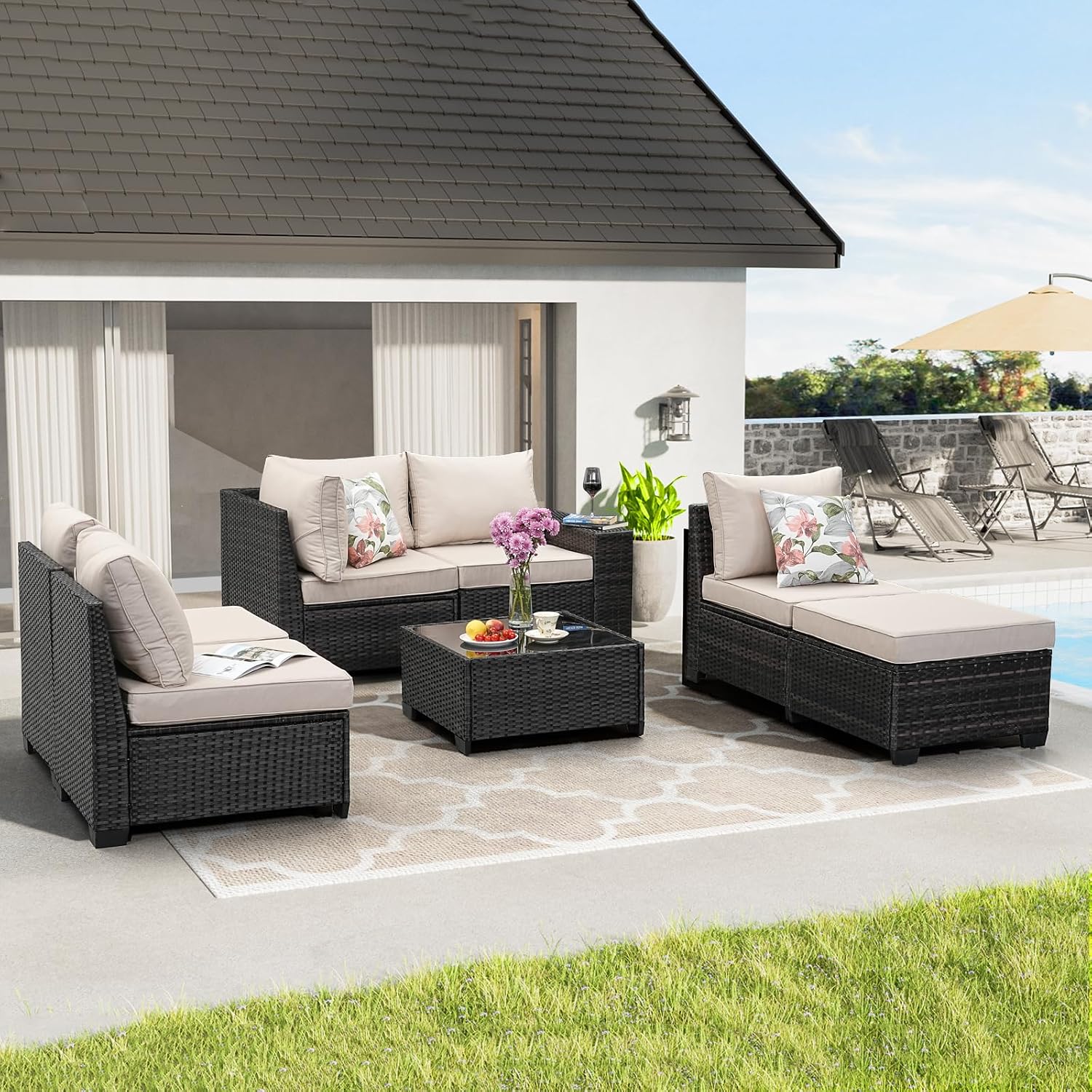 JOYURE 7 Pieces Patio Furniture Set All-Weather Outdoor Wicker Sectional Conversation Sofa Rattan Patio Seating Sofa with Cushion and Glass Table and Ottoman for Porch,Beige