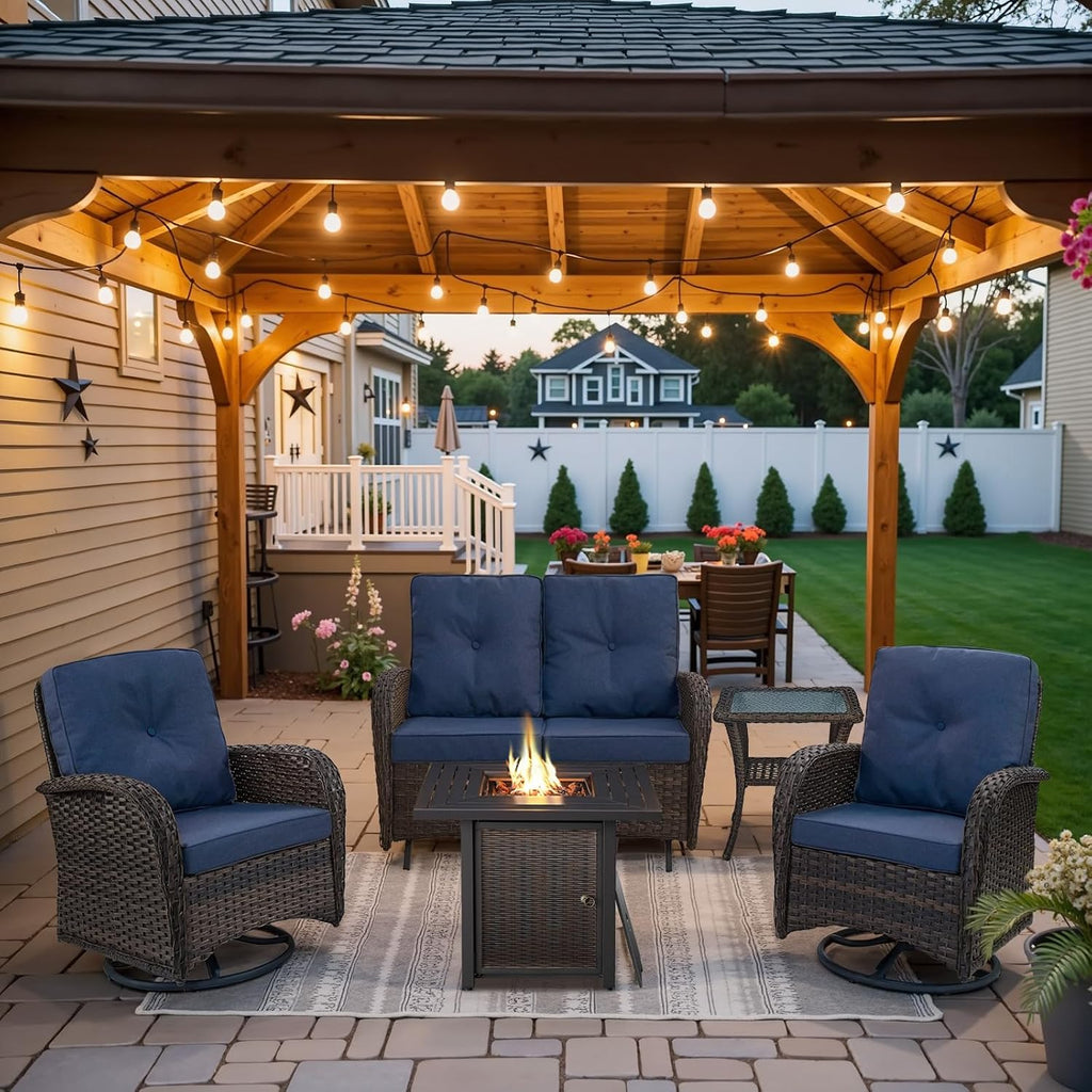 Belord 5 Pieces Patio Furniture Set with 30' Propane Fire Pit Table, Deep Seating Swivel Rocker Glider Outdoor Chairs Set of 4 with Side Table Set of 2 Patio Conversation Set Brown Wicker