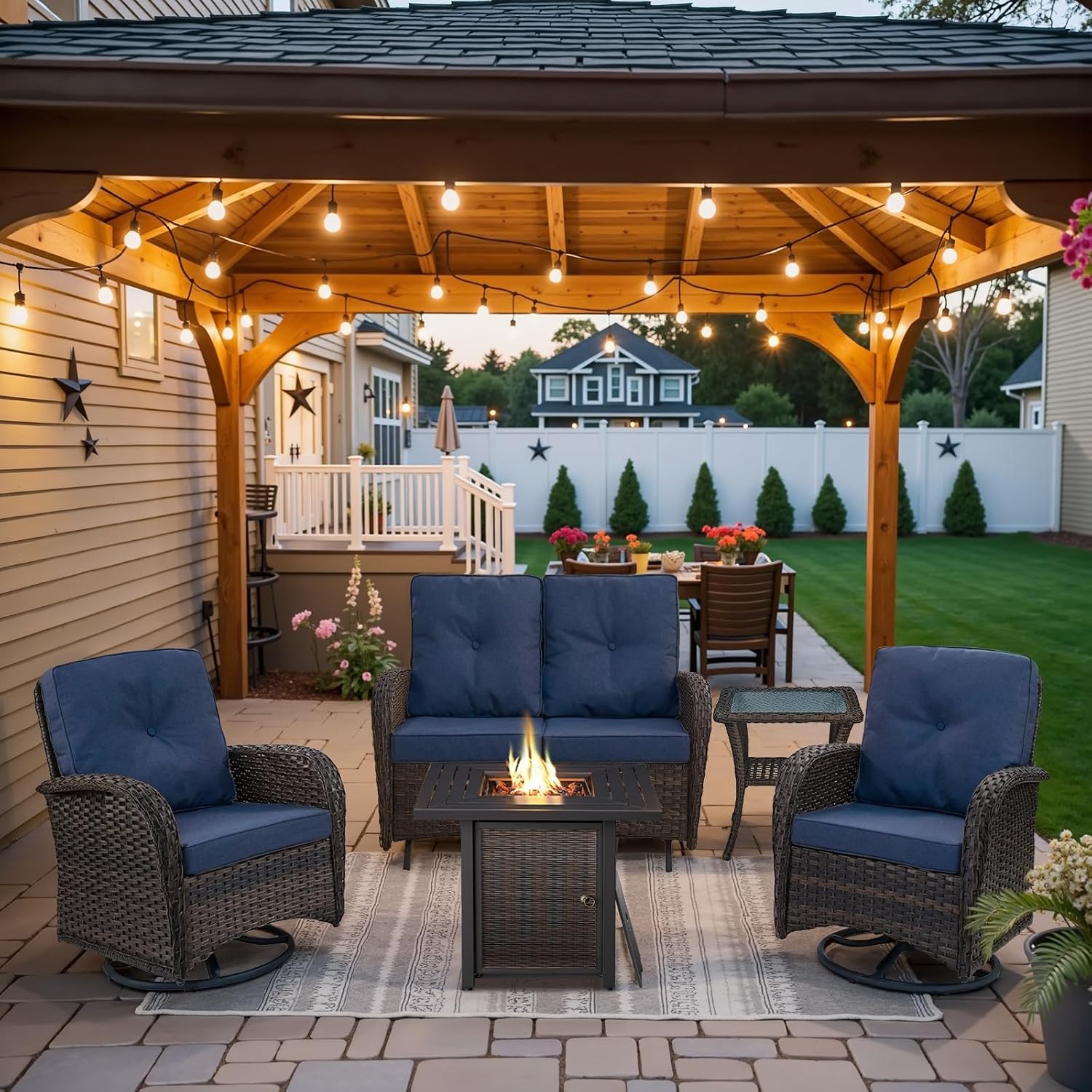 Belord 5 Pieces Patio Furniture Set with 30' Propane Fire Pit Table, Deep Seating Swivel Rocker Glider Outdoor Chairs Set of 4 with Side Table Set of 2 Patio Conversation Set Brown Wicker
