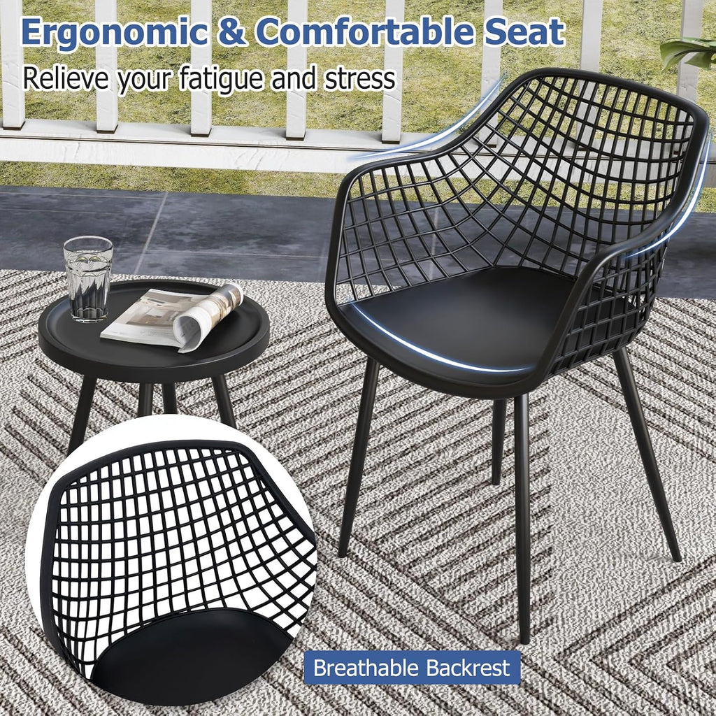 Giantex 3 Piece Patio Furniture Set, Outdoor Bistro Table and Chairs Set of 2, PP Seat & Metal Legs, Small Conversation Set for Balcony Front Porch Deck Backyard Lawn (Black)