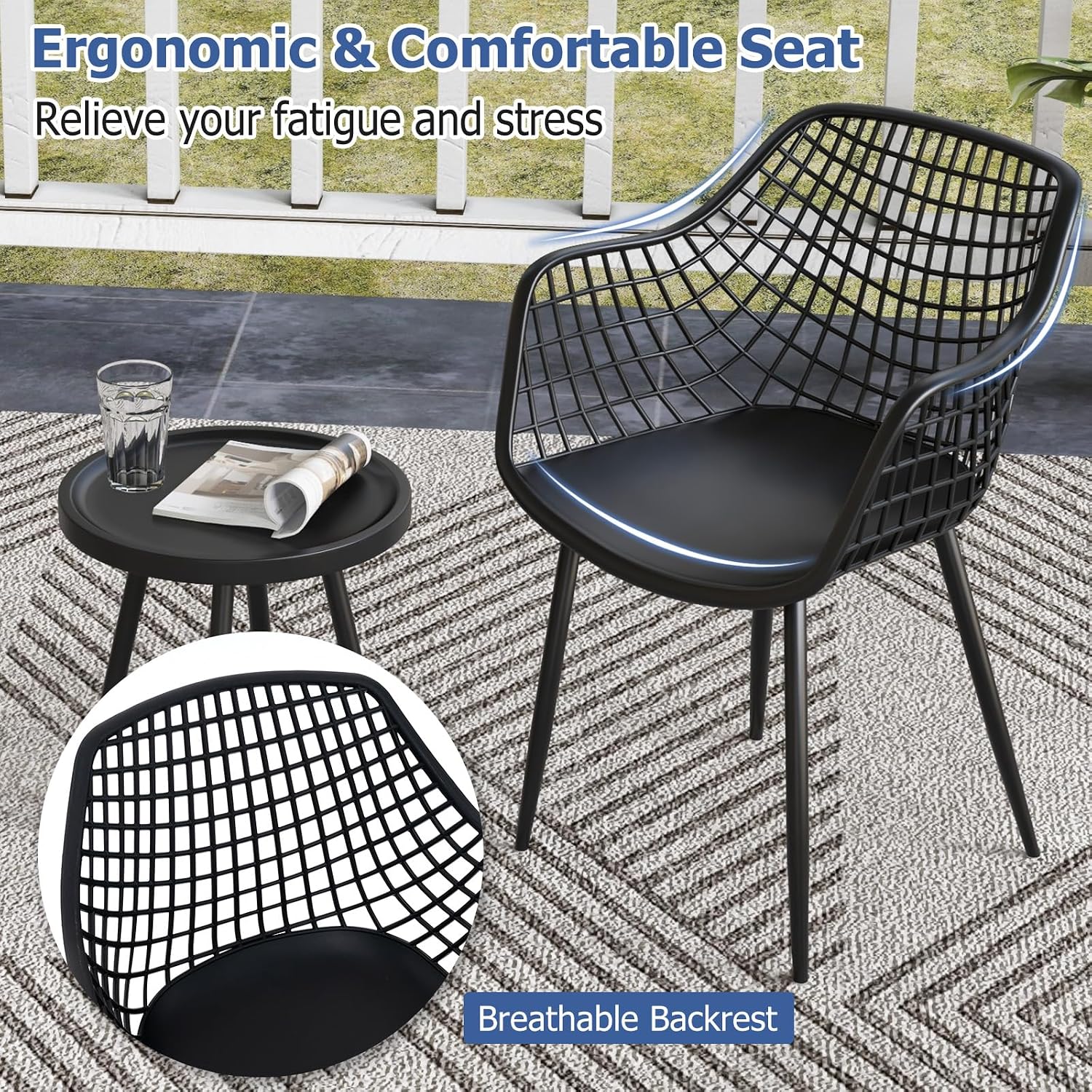 Giantex 3 Piece Patio Furniture Set, Outdoor Bistro Table and Chairs Set of 2, PP Seat & Metal Legs, Small Conversation Set for Balcony Front Porch Deck Backyard Lawn (Black)