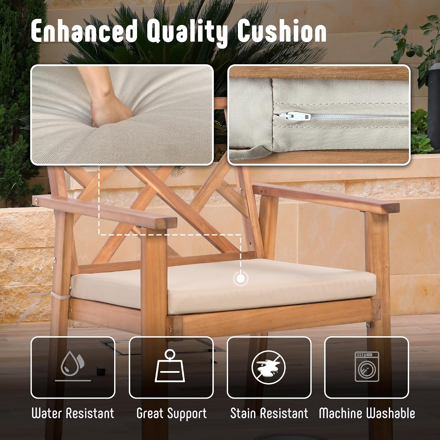 Werph Outdoor Patio Furniture Set, 4 Piece Patio Sofa Bench and 2 Single Sofa Chairs with Table & Padded Cushions, Acacia Wood Outdoor Patio Lounge Conversation Set for Deck Backyard Balcony