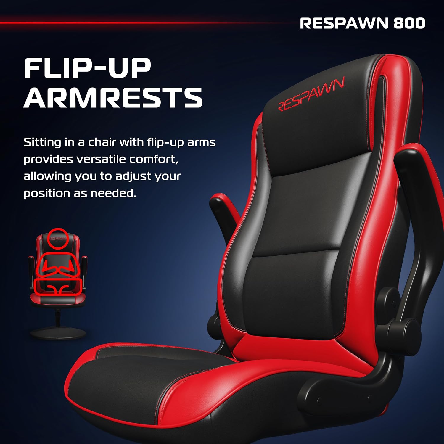 Respawn 800 Swivel Rocker Gaming Chair - Ergonomic Floor Gaming Seat with Lumbar Support, Flip Up Armrest, High Back, Pedestal Base, Comfortable No Wheels Console Video Game Rocker Chair - Red