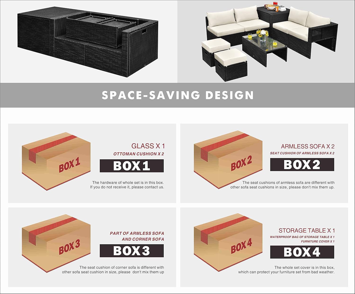 Tangkula 8 Pieces Patio Furniture Set with Waterproof Cover, Patiojoy Space Saving Outdoor PE Rattan Set with Storage Box, Tempered Glass Table, 2 Ottomans, 2 Armless Sofas & Corner Sofas