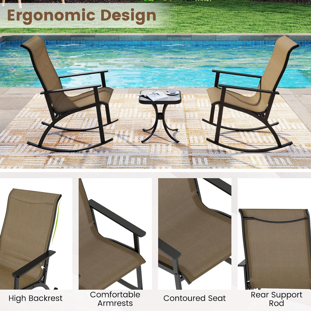 Giantex 3 Piece Rocking Bistro Set, Outdoor Patio Furniture Set with 2 Rocking Chairs & Coffee Table, Cozy Armrests, Heavy-Duty Metal Frame, for Balcony, Porch, Yard, Poolside (Brown)