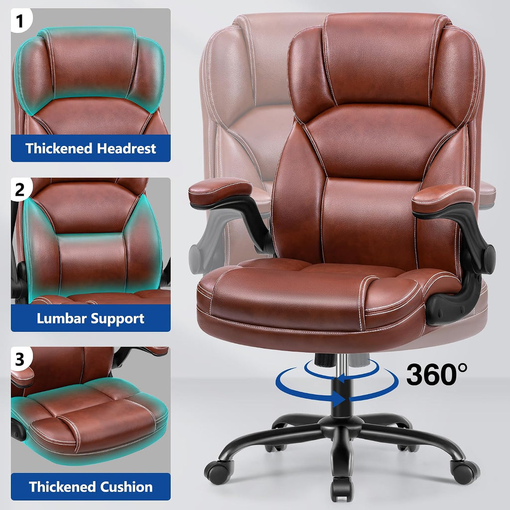 PU Leather Executive Office Chair, Ergonomic High-Back Computer & Gaming Chair with Adjustable Height, Rolling Swivel & Flip-Up Armrests, Comfy Padded Seat for Home Office-Brown