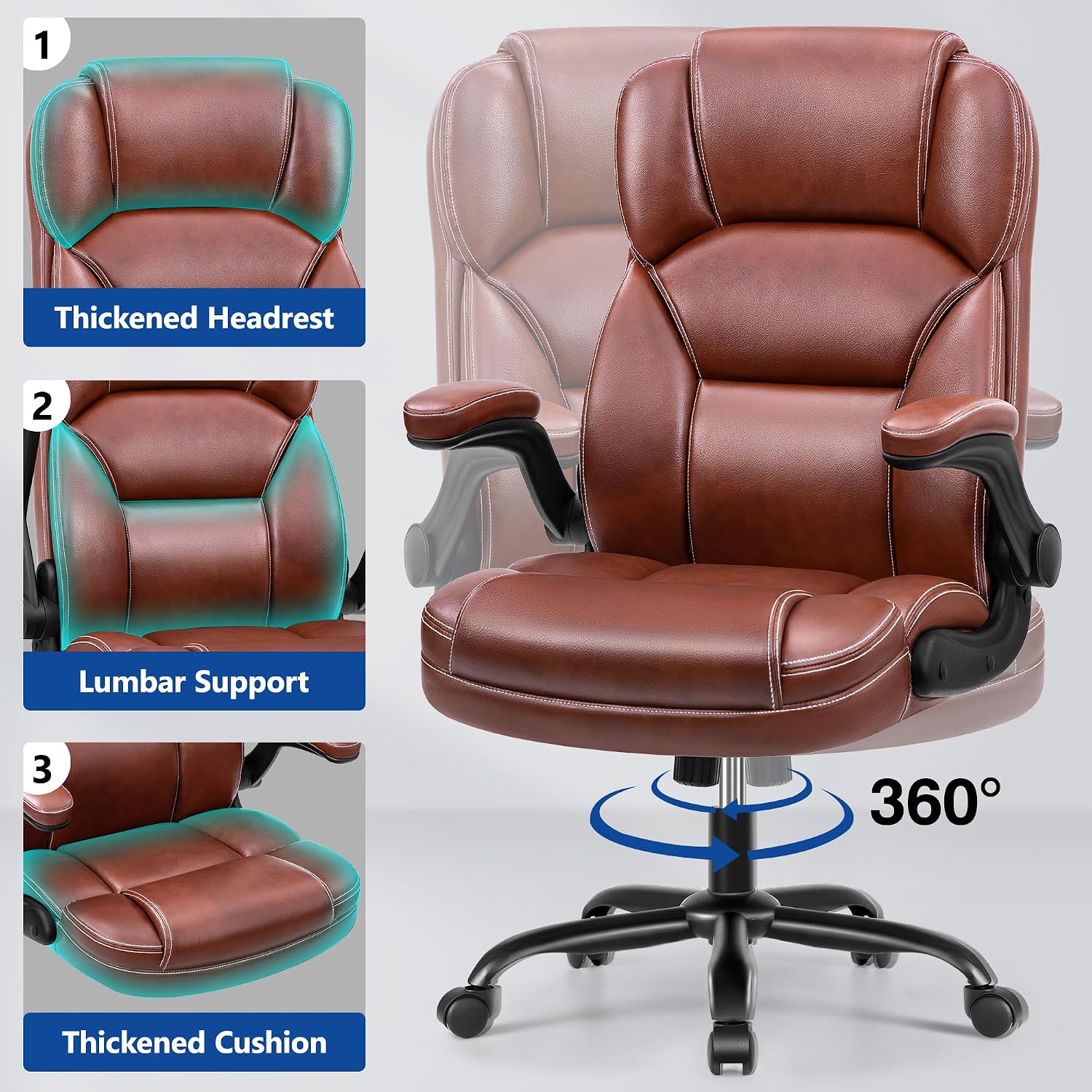 PU Leather Executive Office Chair, Ergonomic High-Back Computer & Gaming Chair with Adjustable Height, Rolling Swivel & Flip-Up Armrests, Comfy Padded Seat for Home Office-Brown