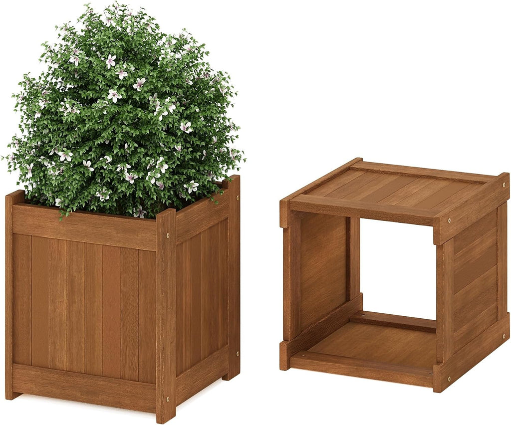 Furinno TIOMAN Planter Box Set of 2, Hardwood Flower Box, Cube Garden Box, in Teak Oil, Outdoor Indoor, Garden, Patio, Balcony, Light Wood