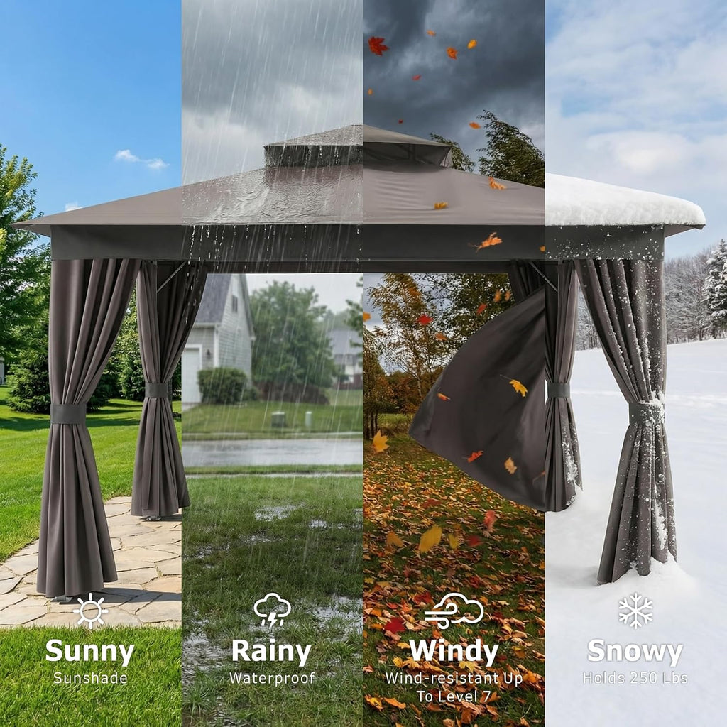 10'x12' Outdoor Gazebo, Heavy Duty Metal Frame Patio Gazebo Canopy with Waterproof Double Roofs, Tent Shelter with UPF50+ Protection, Mosquito Netting and Privacy Screens for Backyard, Garden, Lawn