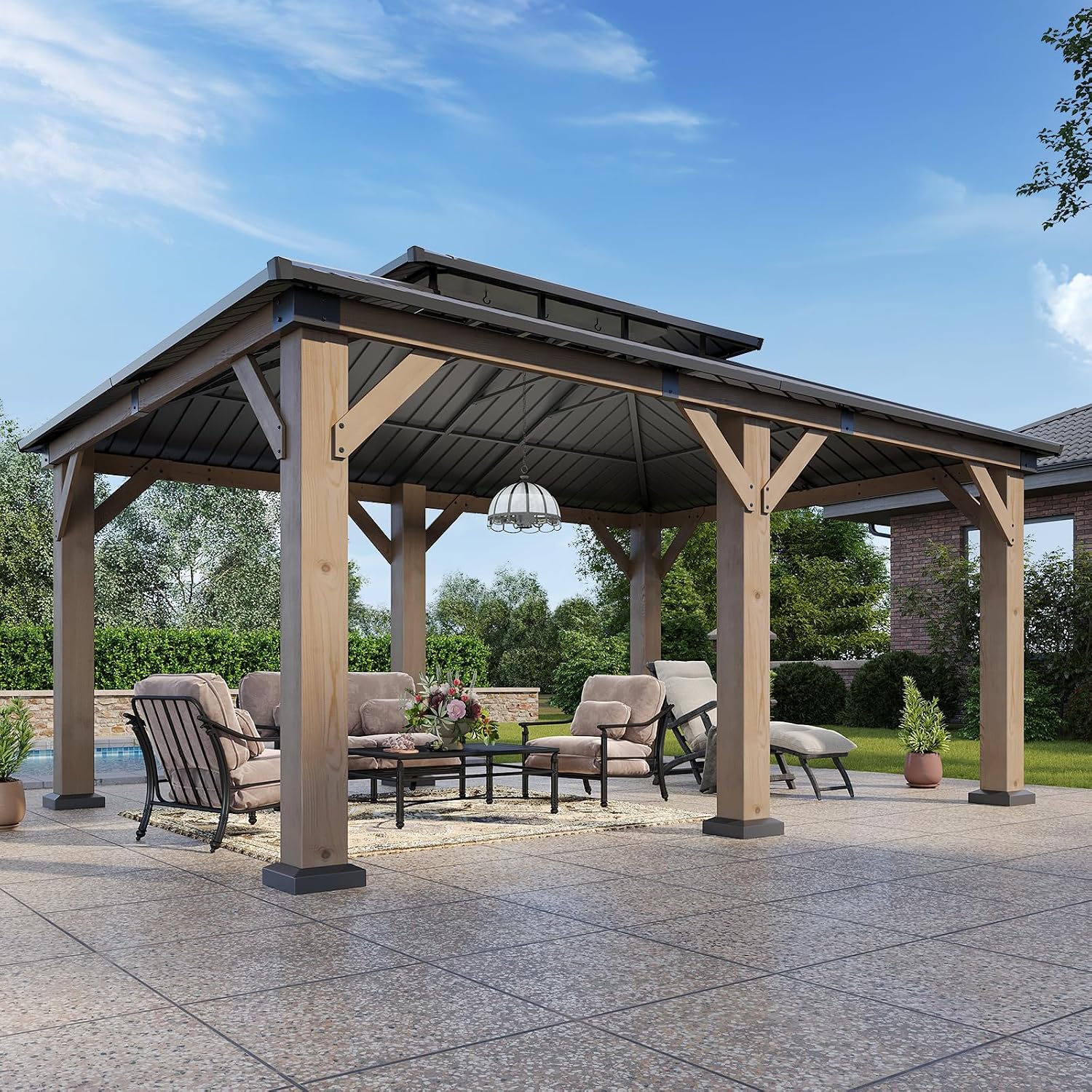 Aoxun 12' x 20' Outdoor Wood Gazebo, Hardtop Gazebo Permanent Wooden Pavilion with Galvanized Steel Double Roof, for Patio, Garden, Backyard, Cedar Wood, Grey