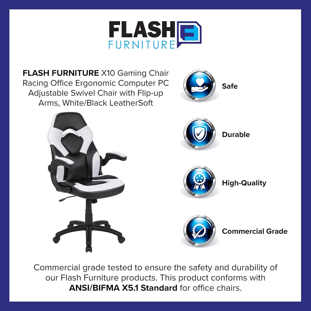 Flash Furniture X10 High-Back LeatherSoft Racing Style Gaming Chair with Flip-Up Arms, Ergonomic Padded Swivel Computer Chair, White/Black