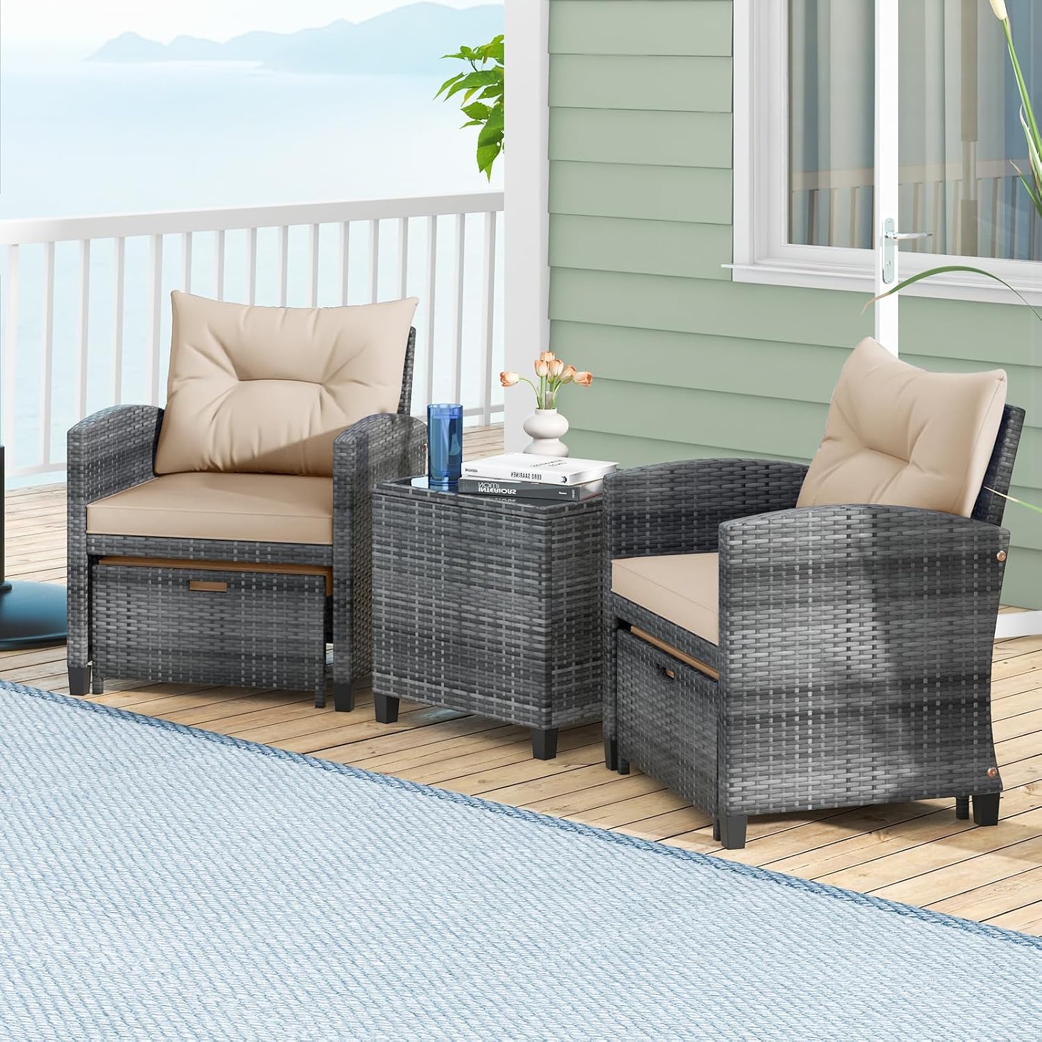KOTEK 5 Pieces Patio Furniture Set with Ottomans, Wicker Patio Conversation Set with Coffee Table & Cushions, PE Rattan Outdoor Lounge Chairs for Backyard, Porch, Poolside (Mix Grey- Beige)