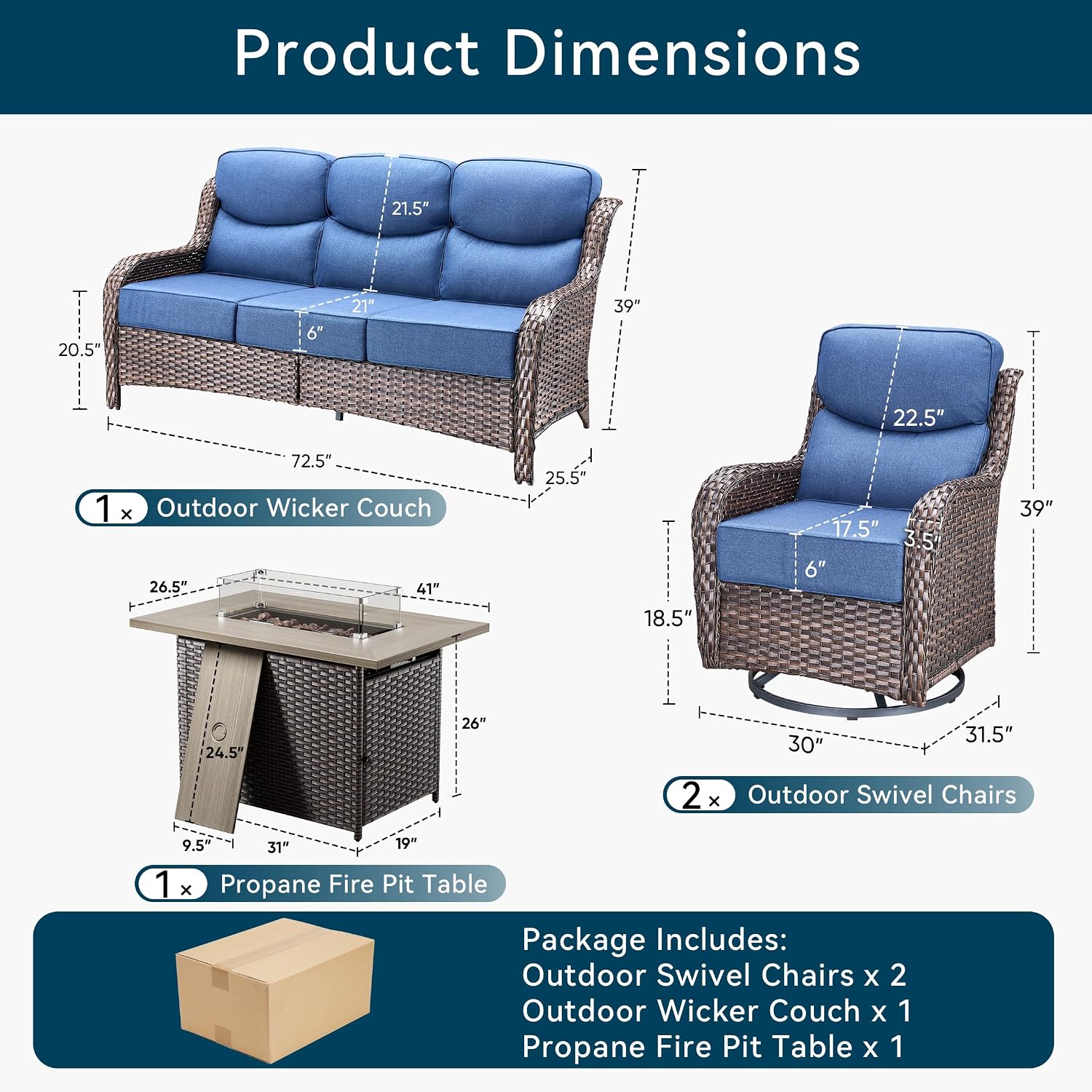 Luxury High Back Outdoor Furniture 6-Inch Thick Cushions with 50,000 BTU Gas Propane Fire Pit Tablet, Patio Furniture Set with Swivel Chairs, for Porch, Balcony, Deck and Yard