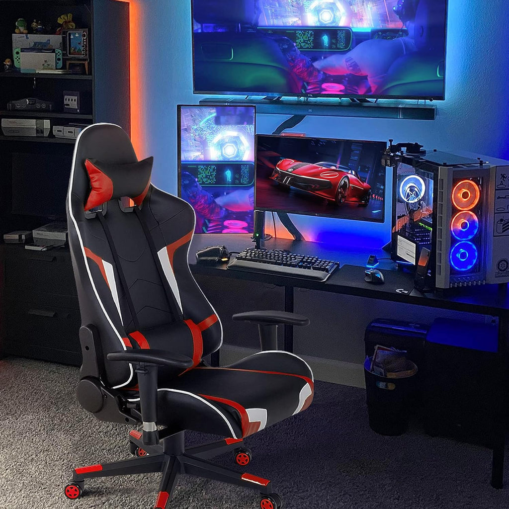 GYMAX Gaming Chair, Massage Gaming Chairs for Adults with Headrest, Lumbar Support & Armrest, Video Computer Reclining Gaming Chair, Office Desk Gamer Task Chair (Red)