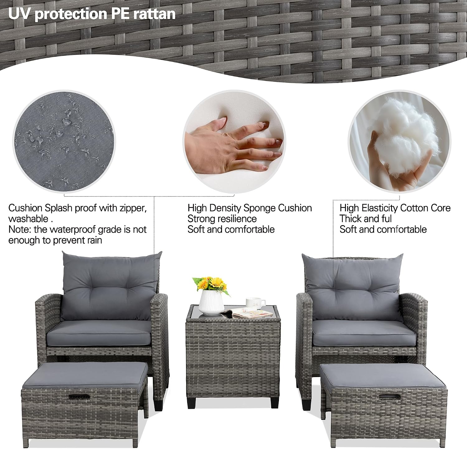 Vongrasig 5 Piece Patio Furniture Set, Small Balcony Furniture, PE Wicker Rattan Patio Chairs Set of 2, Outdoor Lounge Chairs with Cushions Ottomans &Glass Table for Porch Garden(Light Grey)