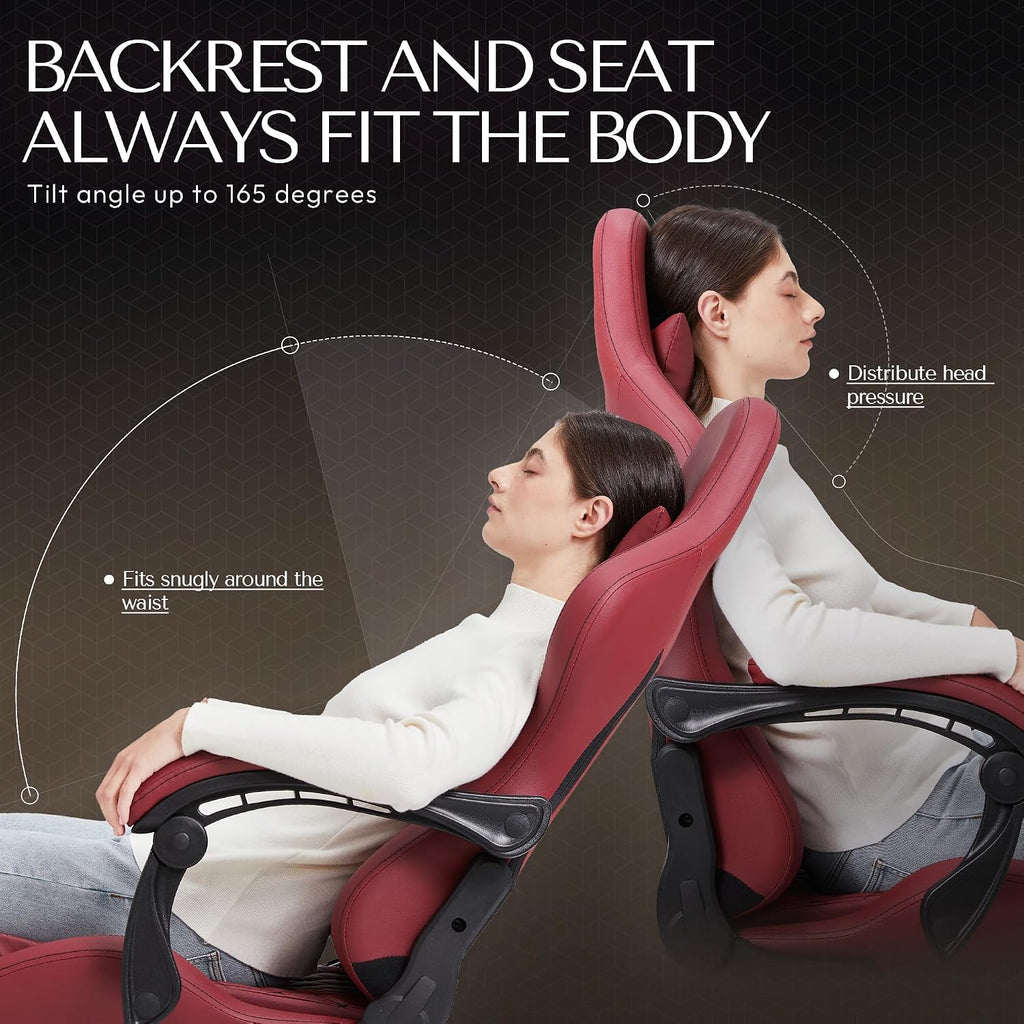 Dowinx Big & Tall Vintage Gaming Chair for Adults, 400 lb Capacity Heavy Duty Ergonomic Computer Chair with Massage Lumbar, Footrest & Easy Side Recline, Red