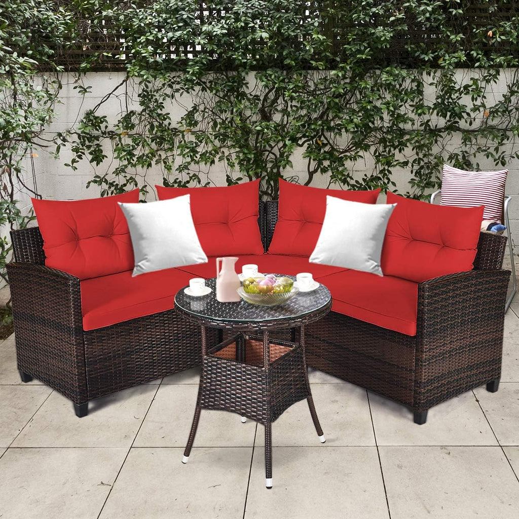 Tangkula 4-Piece C Shape Patio Furniture Set, Outdoor Corner Wicker Rattan Sectional Cushioned Sofa Set, with Glass Coffee Table, for Garden Poolside Balcony (Red)